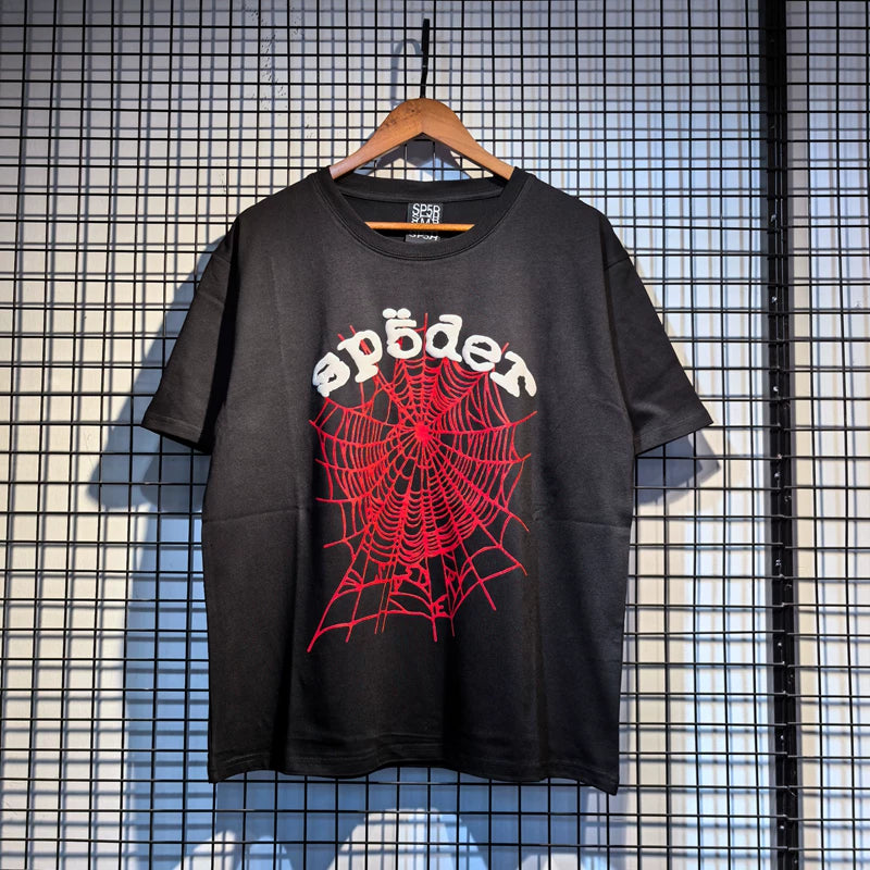 Sp5der European and American high street hip-hop trend brand unisex creative print summer loose cotton short sleeved T-shirt fog (31)