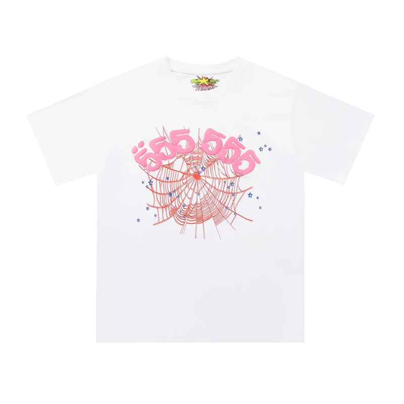 Sp5der European and American high street hip-hop trend brand unisex creative print summer loose cotton short sleeved T-shirt fog (36)
