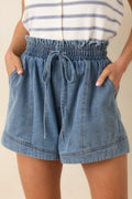 First Things First Medium Wash Cotton Drawstring Denim Shorts
