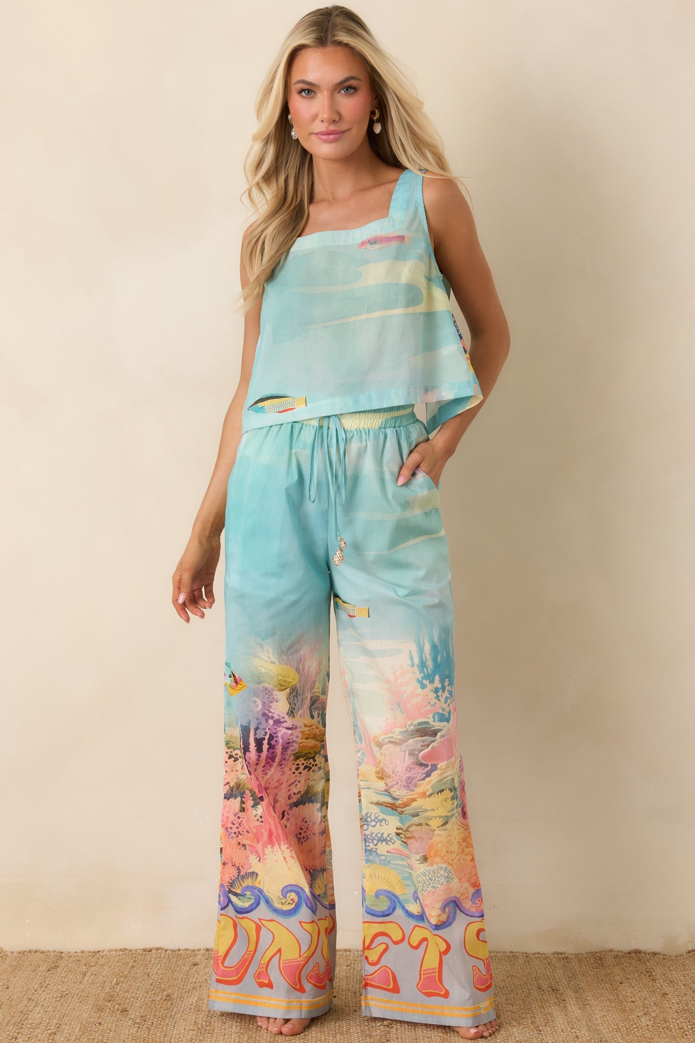 Paradisa Bahia Bay Blue Multi Cotton Reef Print Open Back Top