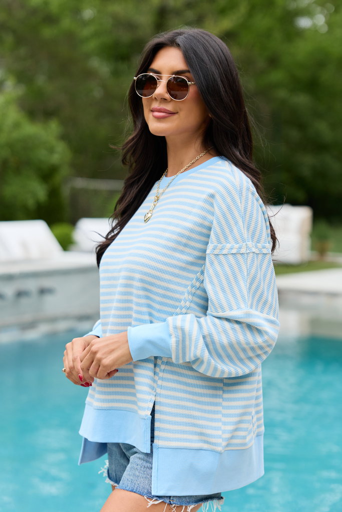 Kara Blue And White Stripe Waffle Pullover