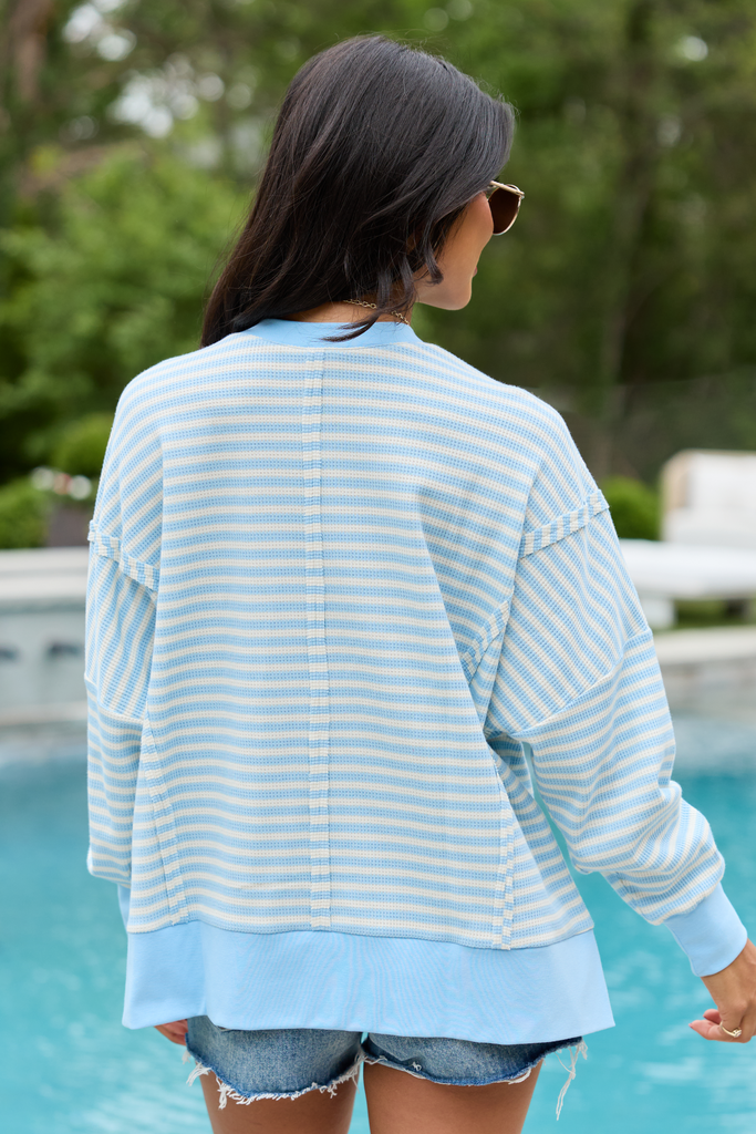 Kara Blue And White Stripe Waffle Pullover