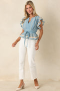 Soft Serenity Blue Flutter Sleeve Peplum Top