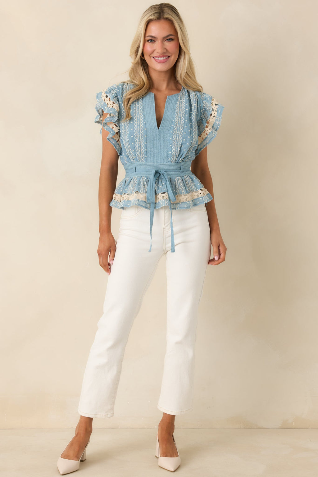 Soft Serenity Blue Flutter Sleeve Peplum Top