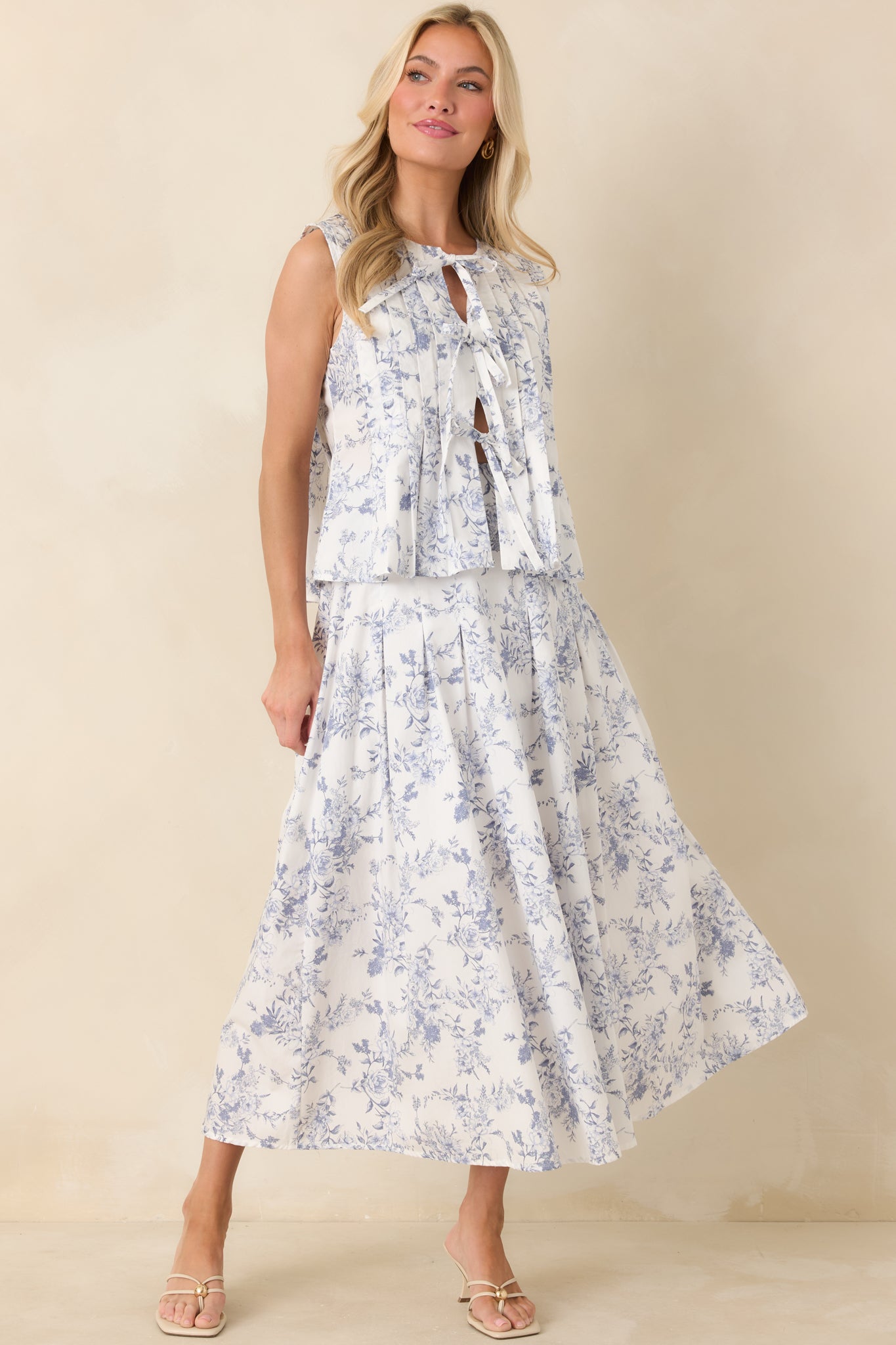 Once Upon a Daydream Blue & Ivory Floral Toile Cotton Tie-Front Top