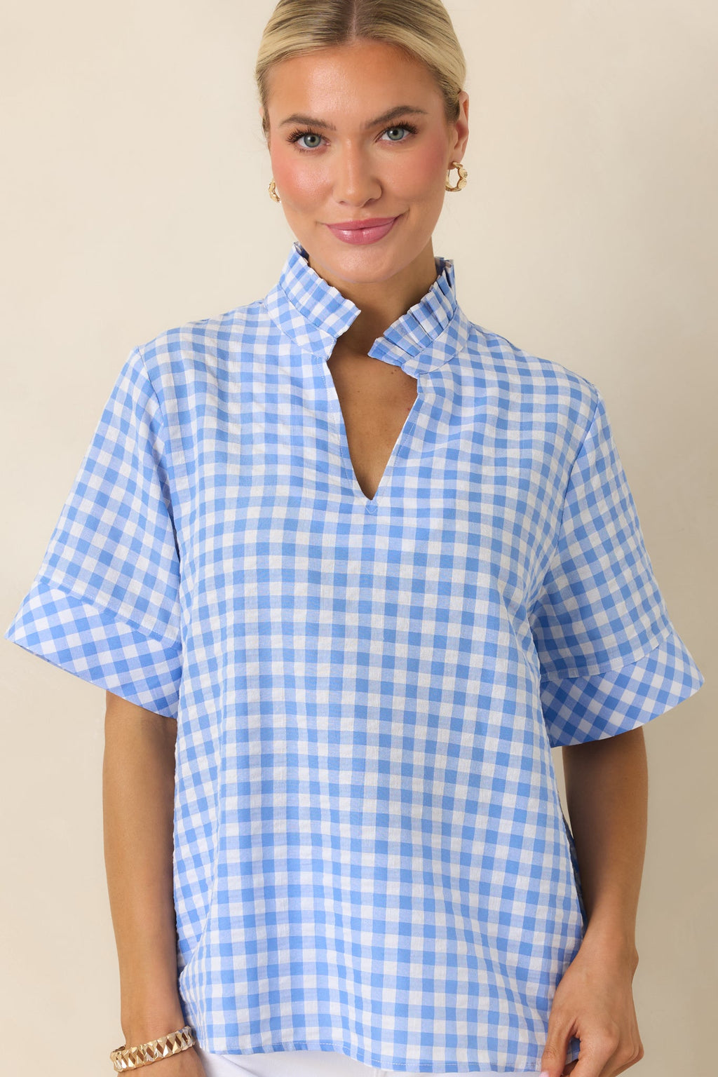 Plans in the Sunshine Blue Gingham Cotton V-Neck Top
