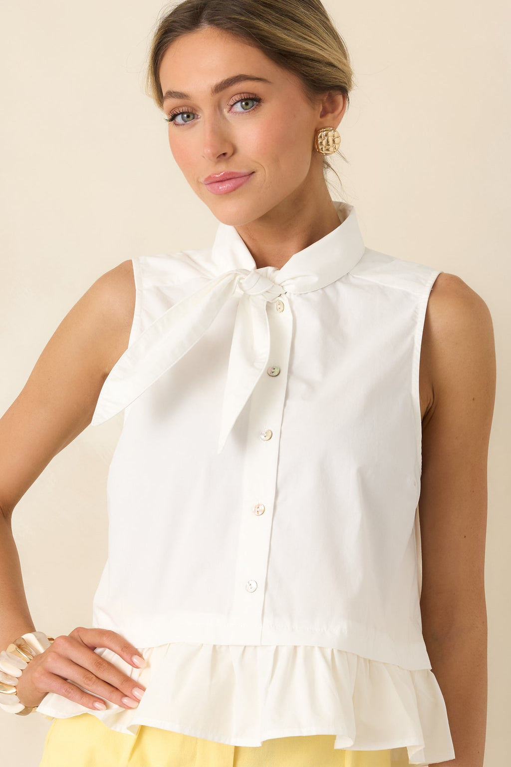 Charm School White Cotton Sleeveless Tie Neck Top
