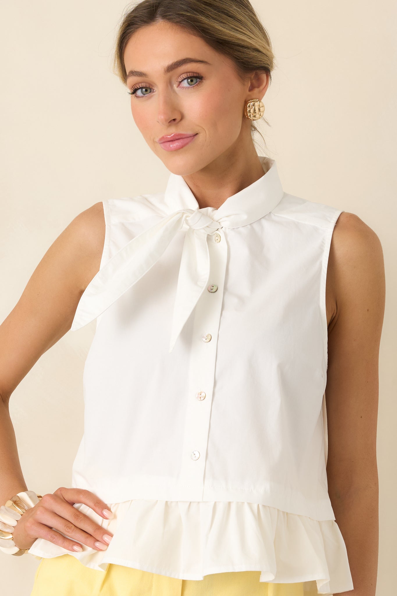 Charm School White Cotton Sleeveless Tie Neck Top