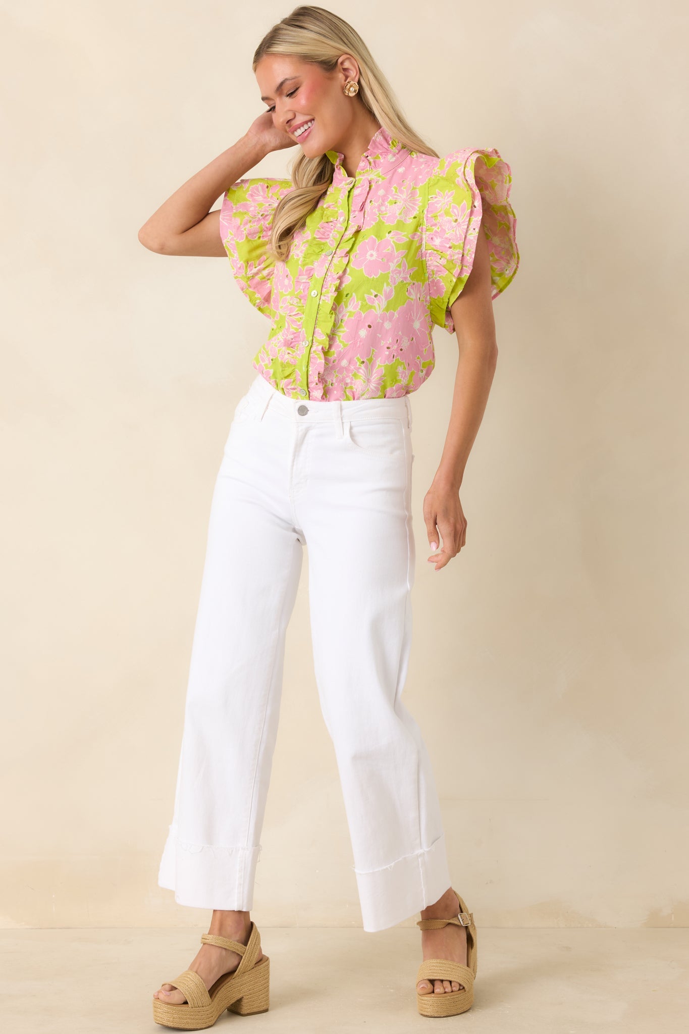 Make It Known Chartreuse & Pink Floral Cotton Eyelet Top