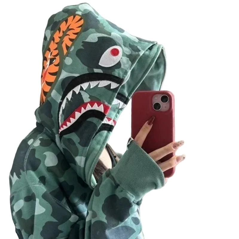 BAPE Style Camo Shark Full-Zip Hoodie - Classic Green