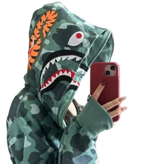 BAPE Style Camo Shark Full-Zip Hoodie - Classic Green