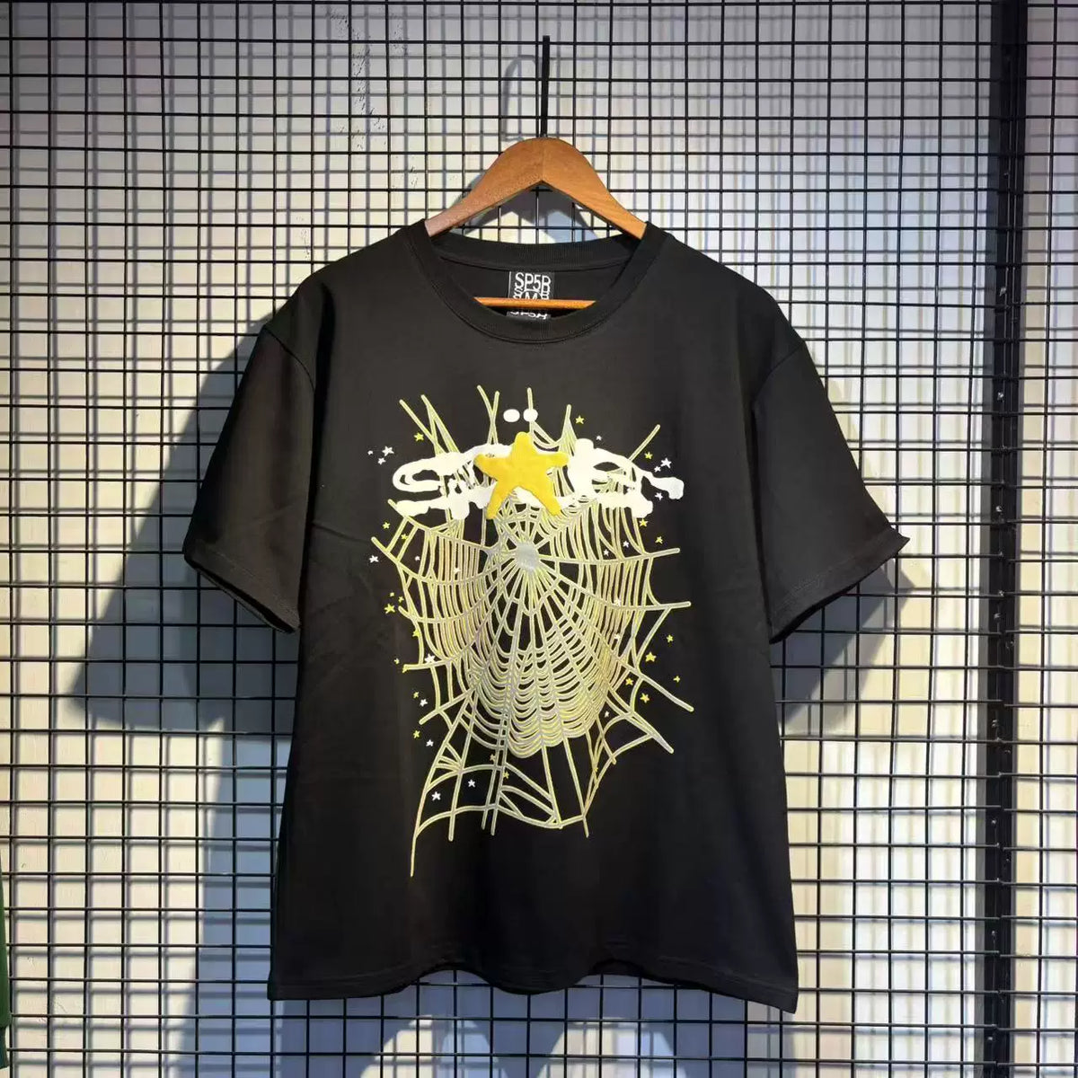 Sp5der European and American high street hip-hop trend brand unisex creative print summer loose cotton short sleeved T-shirt fog (14)