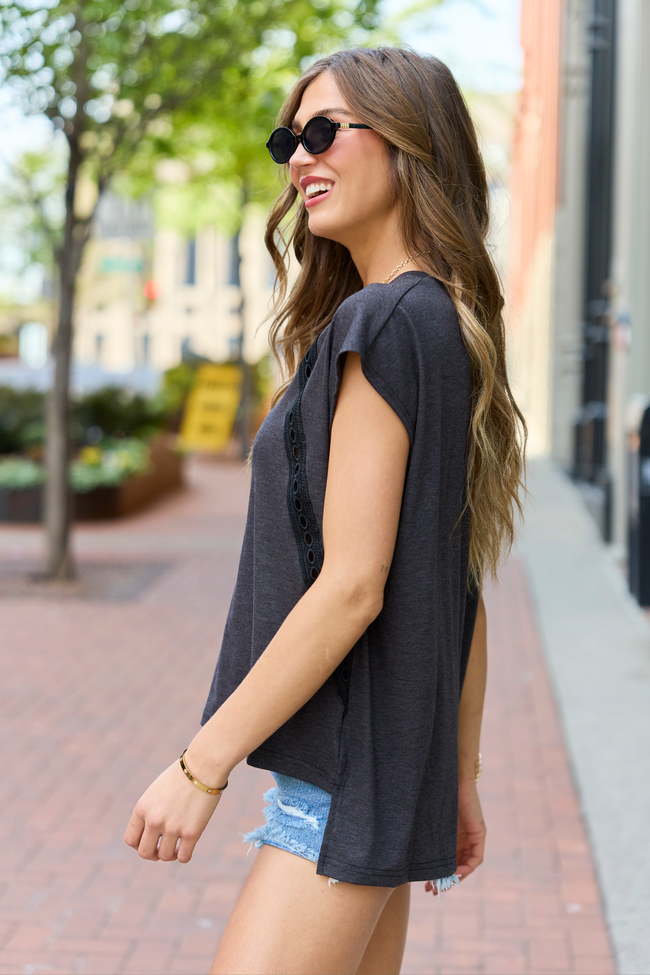 Karly Black Oversized Eyelet Trim V-Neck Tee