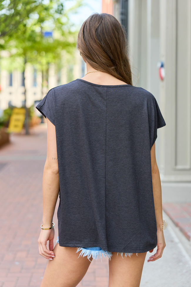Karly Black Oversized Eyelet Trim V-Neck Tee