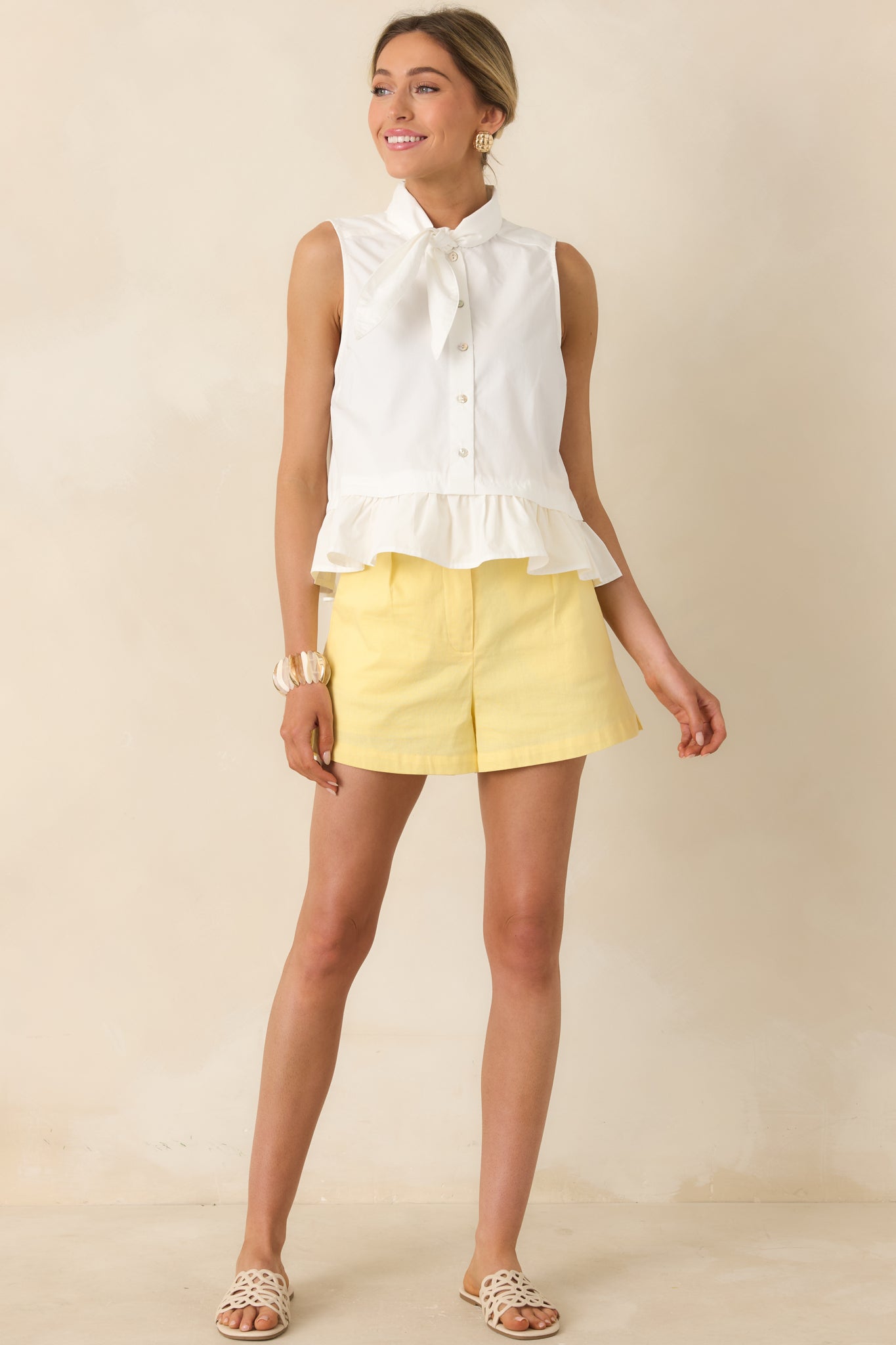 Charm School White Cotton Sleeveless Tie Neck Top