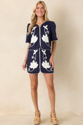 Midnight Magnolia Navy Floral Appliqué Puff Sleeve Top