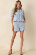 Look At You Blue Cotton Floral Embroidered Button Front Top