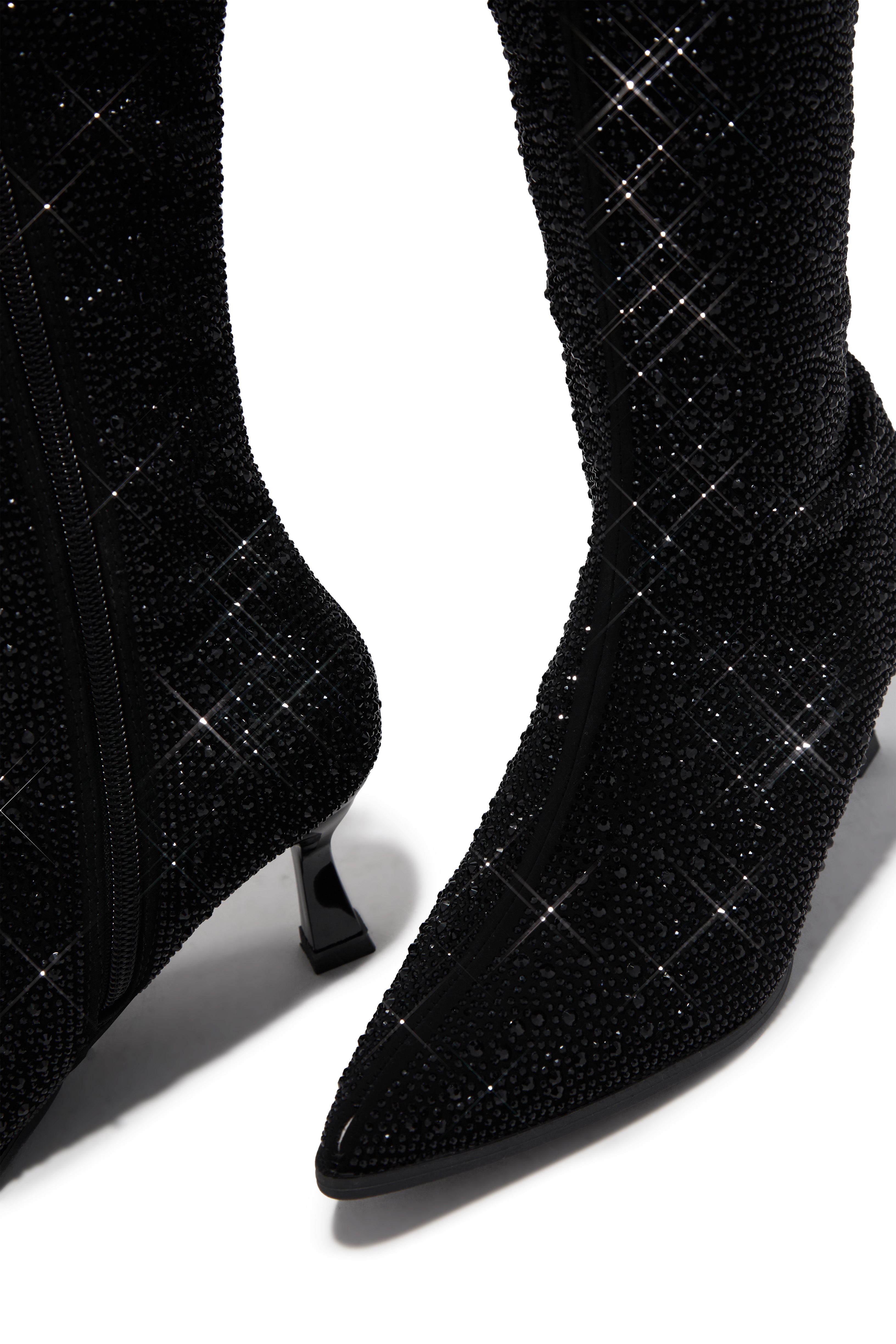 Elvia Embellished Kitten Heel Boots - Black